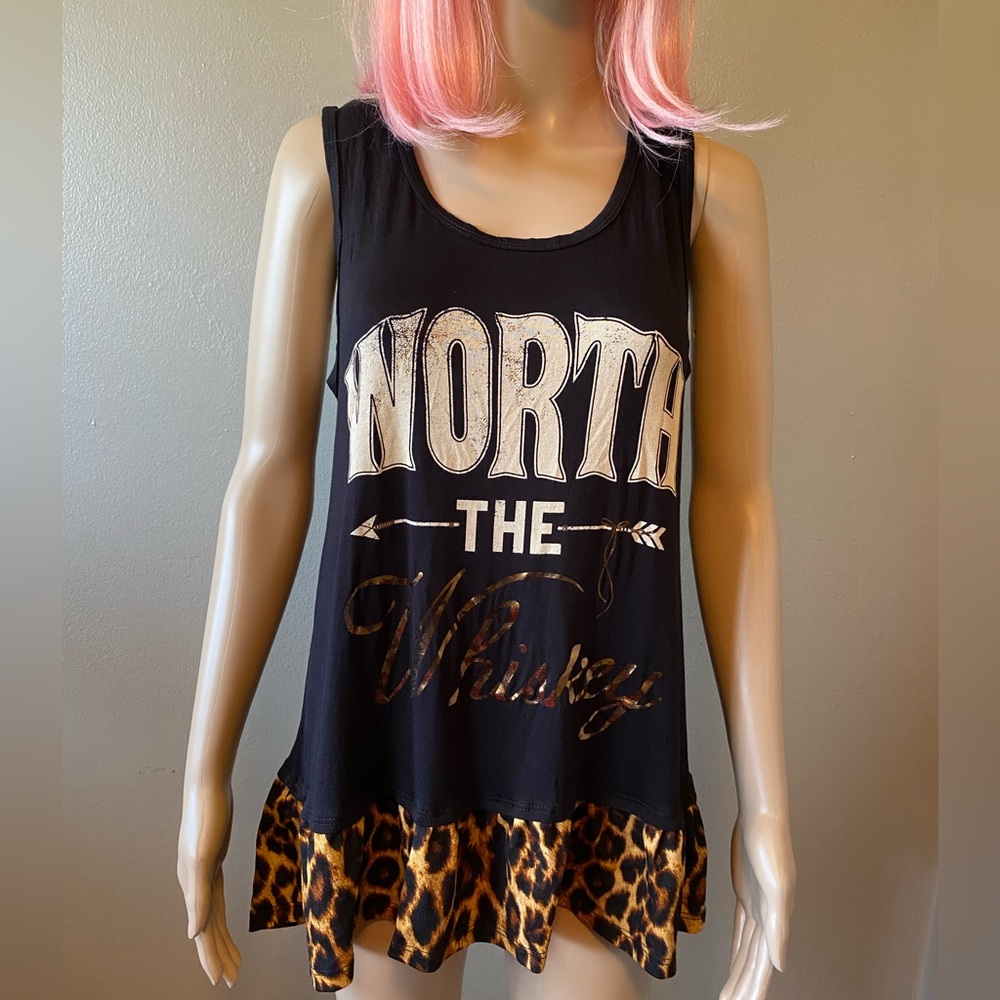 Color Bear Black Graphic Tank Top with Leopard Print Hem sz medium